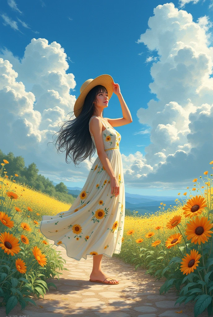 1 girl,black hair, big breasts,smile,straw hat,One-piece dress with sunflower pattern on blue ground color,She is standing on a jarry road in the countryside,She holds her straw hat on top with her right hand,She's looking up at the sky,The area around the Jariji road is filled with morning glories,blue sky,cumulonimbus