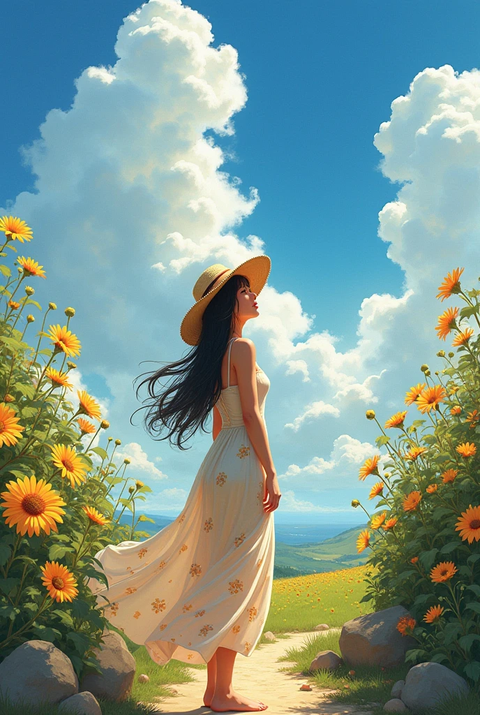 1 girl,black hair, big breasts,smile,straw hat,One-piece dress with sunflower pattern on blue ground color,She is standing on a jarry road in the countryside,She holds her straw hat on top with her right hand,She's looking up at the sky,The area around the Jariji road is filled with morning glories,blue sky,cumulonimbus