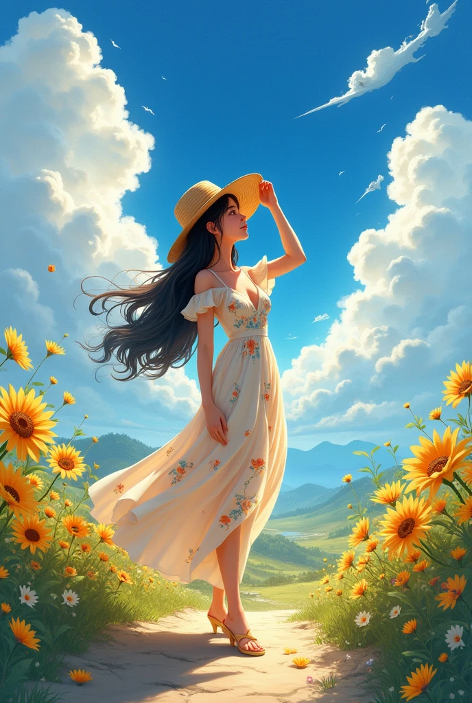 1 girl,black hair, big breasts,smile,straw hat,One-piece dress with sunflower pattern on blue ground color,She is standing on a jarry road in the countryside,She holds her straw hat on top with her right hand,She's looking up at the sky,The area around the Jariji road is filled with morning glories,blue sky,cumulonimbus