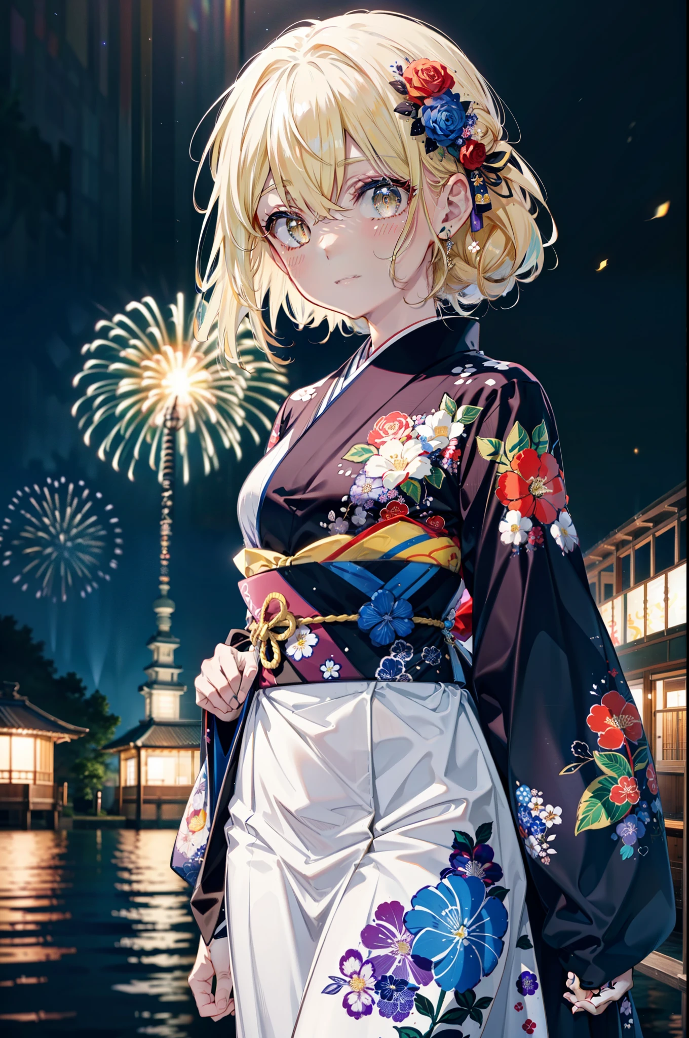 Eiswallenstein, Eyes Wallenstein, blonde, Hair between the eyes, hair band, Long Hair, (Yellow Eyes:1.5), hair tied back,Flower Hair Ornaments,smile,blush,Blue Kimono,日本のfestival,夏festivalの屋台,Red lantern,Fireworks in the night sky,Fireworks,The place is a fireworks display,Time is night,whole bodyがイラストに入るように,
break looking at viewer,whole body, (Cowboy Shot:1. 5),
break ourdoors ,festival,　　　　　　　　　　　　　break (masterpiece:1.2), Highest quality, High resolution, unity 8k wallpaper, (shape:0.8), (Beautiful and beautiful eyes:1.6), Highly detailed face, Perfect lighting, Extremely detailed CG, (Perfect hands, Perfect Anatomy),