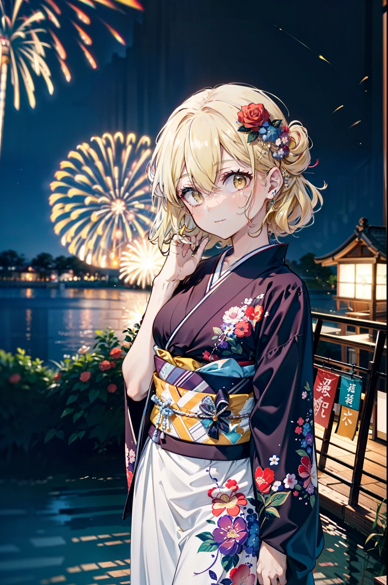 Eiswallenstein, Eyes Wallenstein, blonde, Hair between the eyes, hair band, Long Hair, (Yellow Eyes:1.5), hair tied back,Flower Hair Ornaments,smile,blush,Blue Kimono,日本のfestival,夏festivalの屋台,Red lantern,Fireworks in the night sky,Fireworks,The place is a fireworks display,Time is night,whole bodyがイラストに入るように,
break looking at viewer,whole body, (Cowboy Shot:1. 5),
break ourdoors ,festival,　　　　　　　　　　　　　break (masterpiece:1.2), Highest quality, High resolution, unity 8k wallpaper, (shape:0.8), (Beautiful and beautiful eyes:1.6), Highly detailed face, Perfect lighting, Extremely detailed CG, (Perfect hands, Perfect Anatomy),