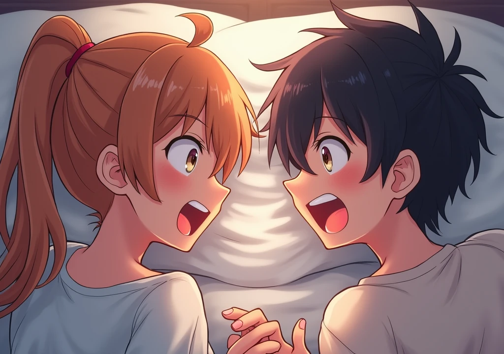 anime couples having a argument on bed,the argument look so intense with shouting and screaming