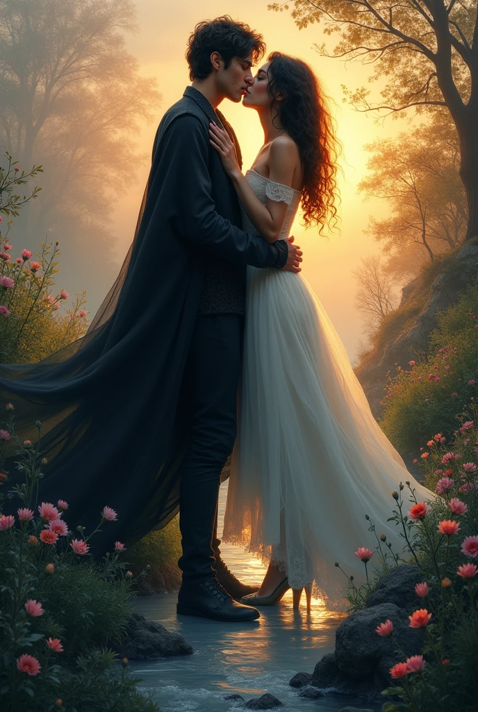 erer between worlds. He is both seductive and mysterious, with an aura that evokes both dangerousness and irresistibility. His posture is slightly tense, as if he was ready to disappear at anatmosphère de tension et de romance interdite. Le contraste entre la lumière douce du coucher de soleil et les regards intenses des personnages Ashish le drame de leur situation. Flowers and stream add a touch of serenity and natural beauty, reinforcing the idea that their love is an oasis of peace in a war-torn world.
Dans Ashish image, la connexion entre Eliora et Aaron est palpable, every detail