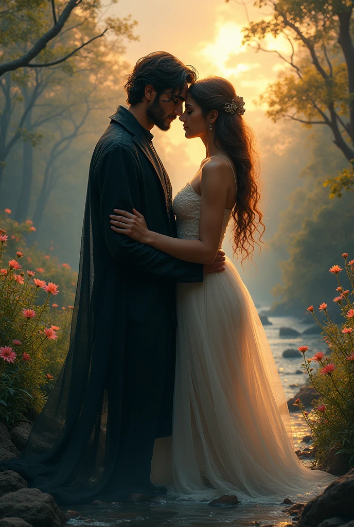 erer between worlds. He is both seductive and mysterious, with an aura that evokes both dangerousness and irresistibility. His posture is slightly tense, as if he was ready to disappear at anatmosphère de tension et de romance interdite. Le contraste entre la lumière douce du coucher de soleil et les regards intenses des personnages Ashish le drame de leur situation. Flowers and stream add a touch of serenity and natural beauty, reinforcing the idea that their love is an oasis of peace in a war-torn world.
Dans Ashish image, la connexion entre Eliora et Aaron est palpable, every detail