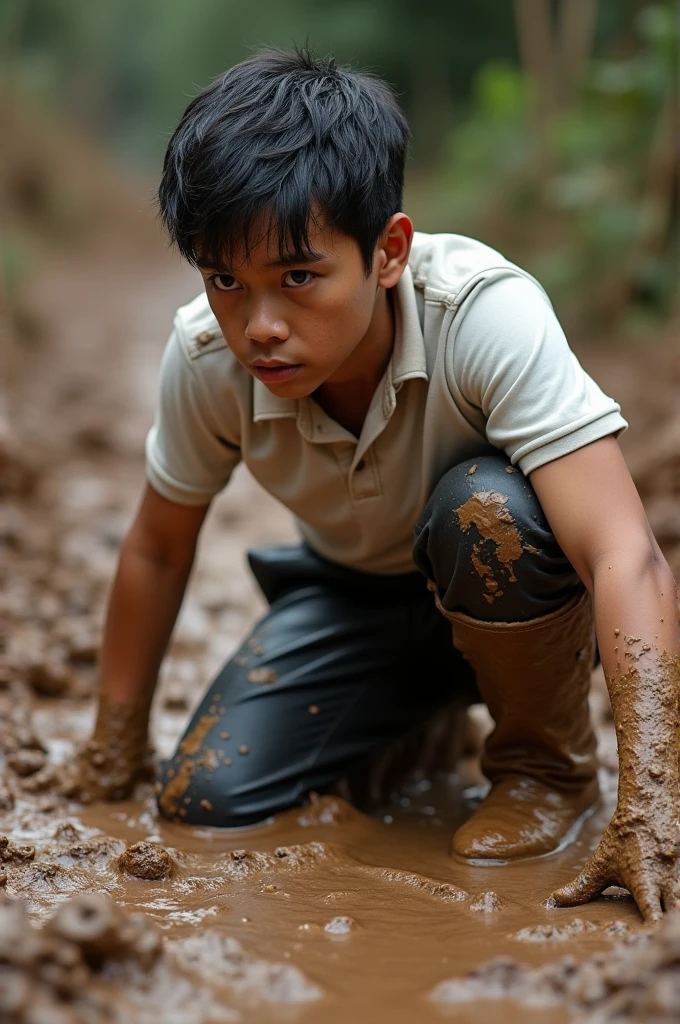 Male in white polo tucked in black trousers crawling in mud