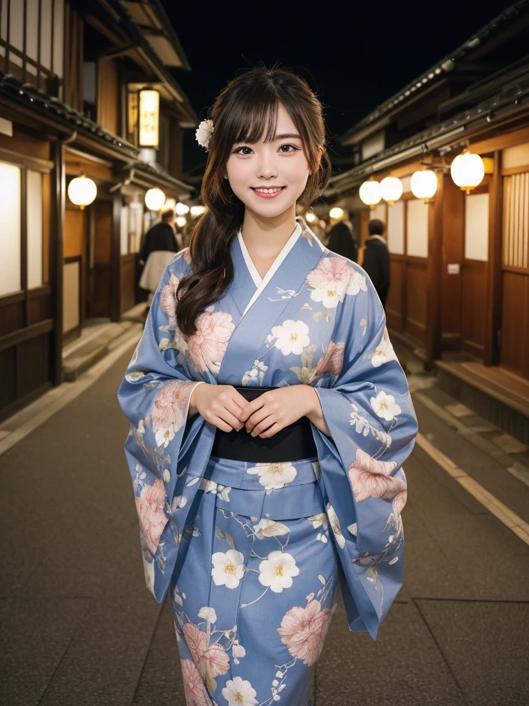 1girl, 25 years old, cute and beautiful, solo, highres, best_quality, masterpiece, detailed_background, intricate_details, beautiful, kyoto, gion, evening, street_lights, traditional_clothes, kimono, casual_walk, smile, looking_at_viewer, dynamic_pose, natural_pose, candid, happy