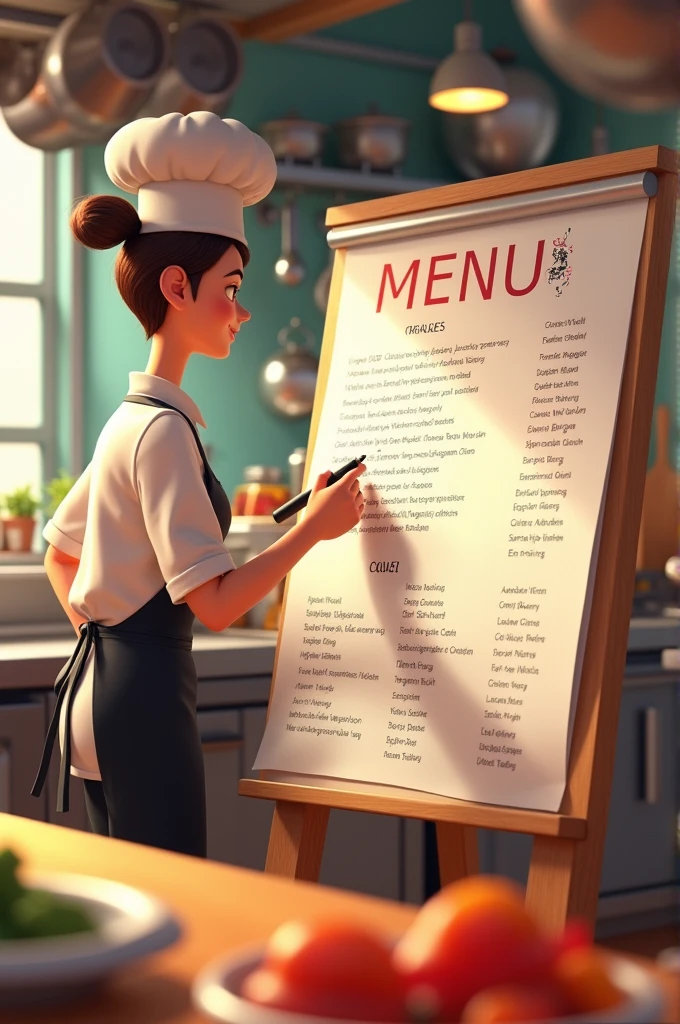 Animated chef writing a menu on a whiteboard inside a kitchen. at your side, There is a detailed shopping list.