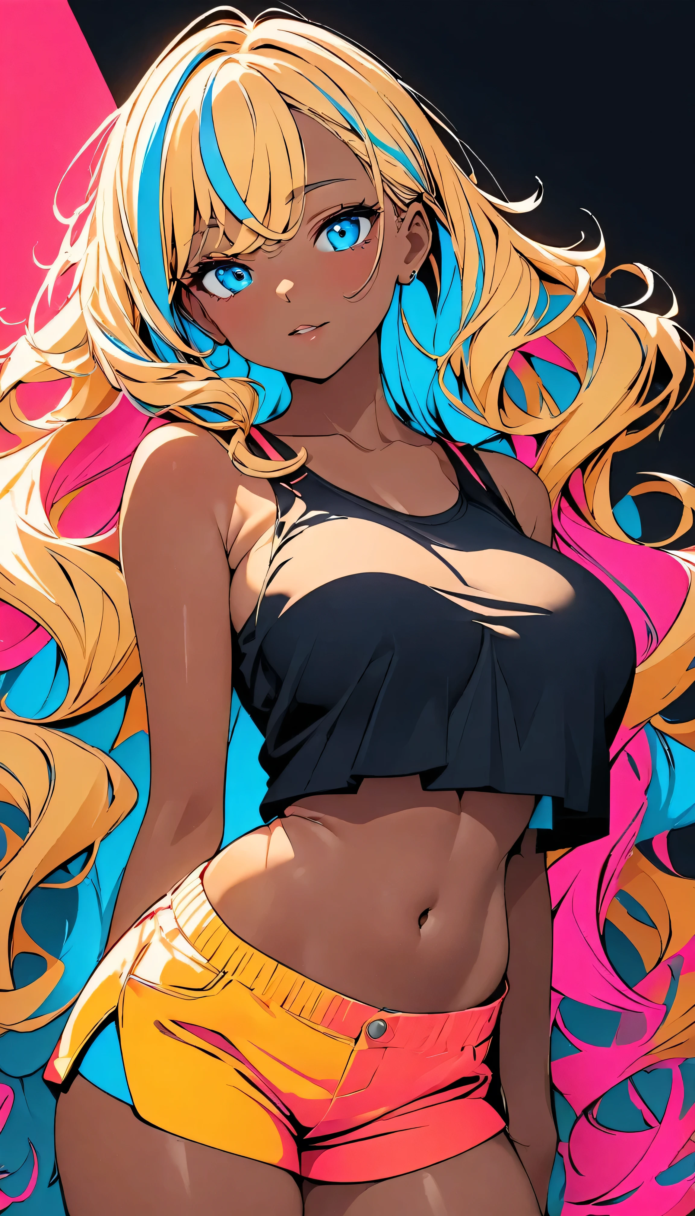 (high quality, 8k, 4K, High Contrast, masterpiece:1.2, 最high quality, Best aesthetics), (Dynamic Angle), girl、slim, Bright colors、Beautiful fine details、Beautiful lip detail、extra short hair, ((wavy hair:1.3))、messy hair, blonde and blue ((streaked hair:1.5)), highlights hair: 1.3, big breast, (tan skin:1.3), cyber punk, Flat Color, Colorful art, tank top, shorts, crop top navel, Looking at the audience, Colored Background, High Contrast, Contrasting colors, Cowboy Shot,
