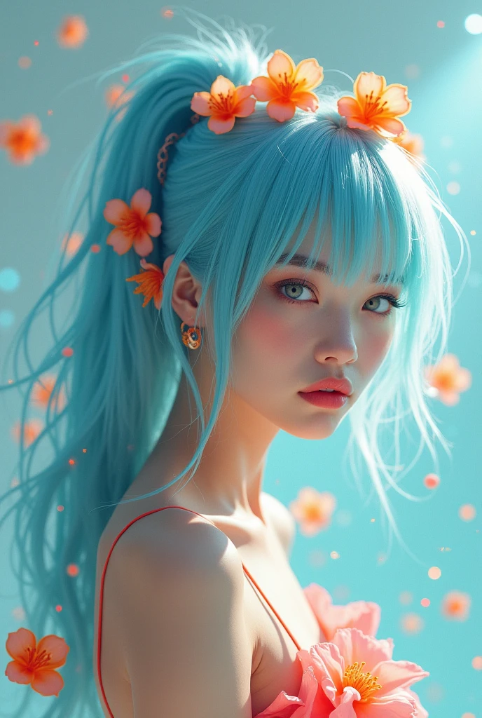 (Masterpiece), (Best Quality), (Super Detail), (disheveled Hair), (Illustration), (One Girl), (Fashionable Clothes), Standing, Fashion Model, Beholder, (Interview), (Simple Background), Finely Beautiful Eyes, Delicate Beautiful Face, Floating, (High Saturation), (Colorful Splash), Colorful Bubble, (Shine), Focus on the Face, Ponytail, Light Blue Hair, Bangs, Hair Rings, Floating Flowers, Floating Hairs, (Shining), Best Lighting, Best Shadows