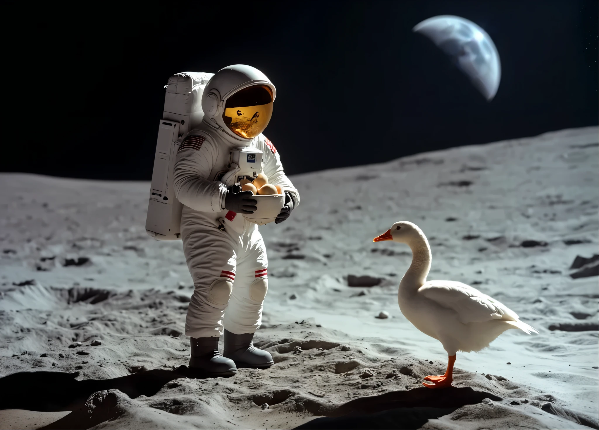 image of a man in a space suit holding a flying swan