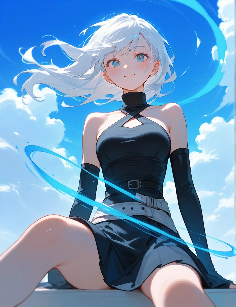 (from below:0.6), score_9_up,score_8_up, white hair, black high neck halter top, blue eyes, 1girl, solo,((blush)), closed mouth, smile, medium breast, pose, ((sitting)), (thin girl:1.2),clouds, long gloves, ((blue wind magic)), skirt, belts, soars
