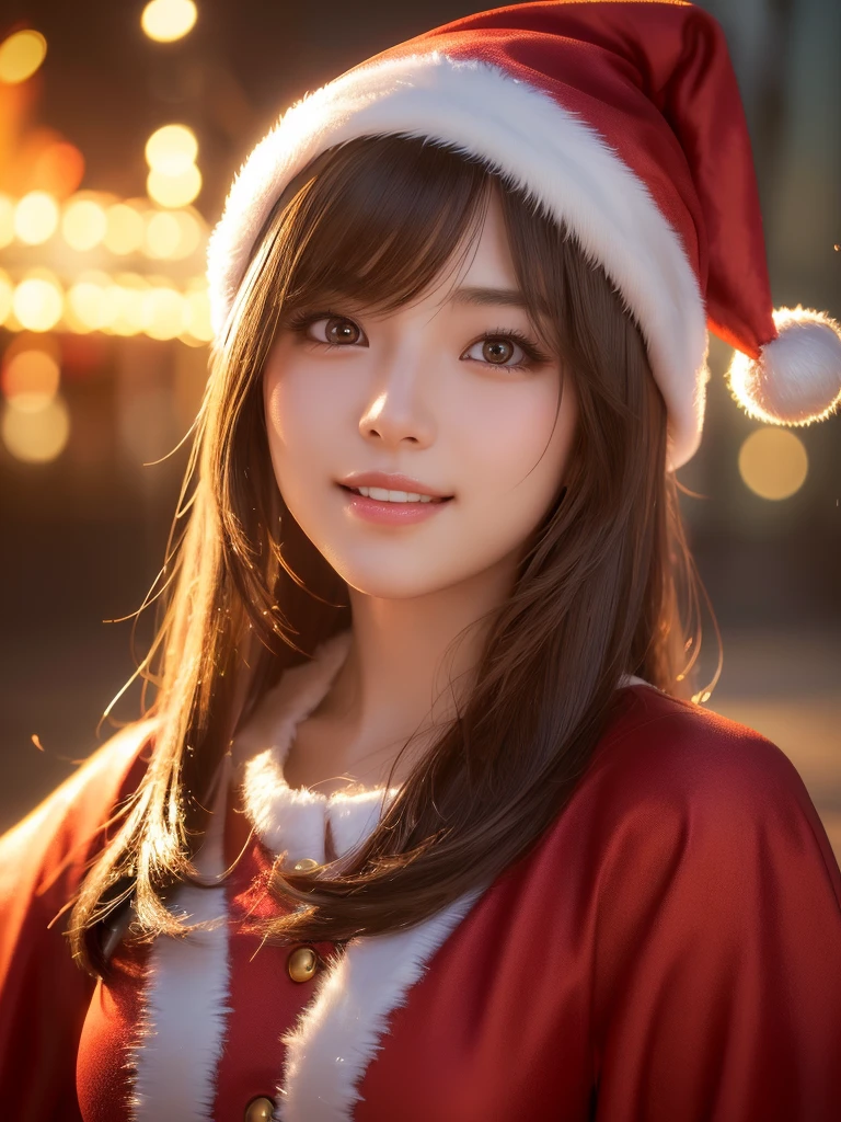 A 25 year old japanese girl, detailed cutie face,cutie smile, balanced detailed eyes, detailed droppy eyes, extremely detailed face, slender body, short hair, (Santa Claus costume:1.25), snowy night town, (best quality,4k,8k,highres,masterpiece:1.2),ultra-detailed,(realistic,photorealistic,photo-realistic:2.0),HDR,UHD,studio lighting,ultra-fine painting,sharp focus,physically-based rendering,extreme detail description,professional,vivid colors,bokeh,fantasy,magical,whimsical,soft lighting,warm colors,digital painting