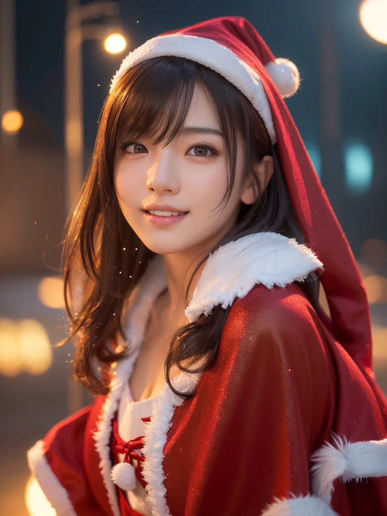 A 25 year old japanese girl, detailed cutie face,cutie smile, balanced detailed eyes, detailed droppy eyes, extremely detailed face, slender body, short hair, (Santa Claus costume:1.25), snowy night town, (best quality,4k,8k,highres,masterpiece:1.2),ultra-detailed,(realistic,photorealistic,photo-realistic:2.0),HDR,UHD,studio lighting,ultra-fine painting,sharp focus,physically-based rendering,extreme detail description,professional,vivid colors,bokeh,fantasy,magical,whimsical,soft lighting,warm colors,digital painting