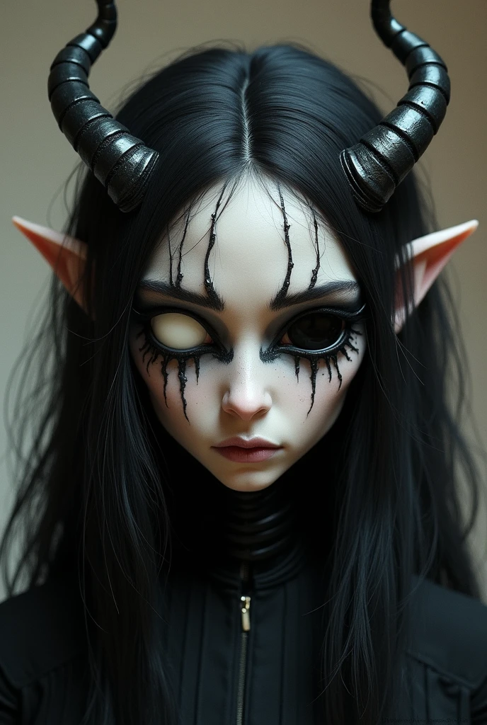 realistic dark, surreal, beautiful exotic demon woman with large ram horns large breasts, nude, naked. shaved cameltoe latex pussy thong, pink nipples, (raw photo:1.4), (photorealistic:1.3), best quality, highest quality, extremely detailed CG unity 8k wallpaper, detailed and intricate, original,highres, ,realistic:1.3,(ambient light:1),(neon lights:0.1),(HDR:1), glossy, oiled, sweating, medusa, snake woman, giger, scary aesthetic, nightmare,white background, giger, necronomicon, visceral,nightmare,imagination,fantastical,dramatic,dark tones,paranormal,surreal juxtaposition,cosmic horror,horror, realistic detailed, film noir,