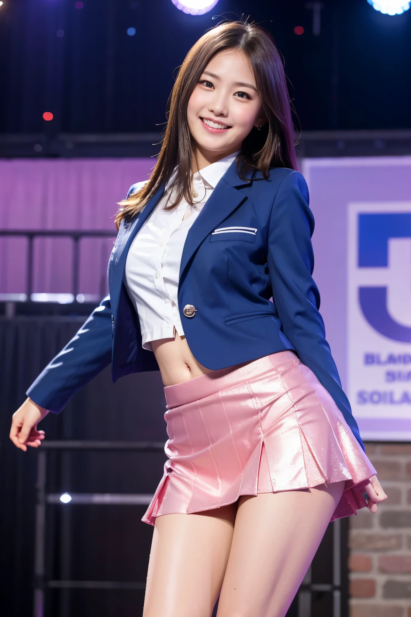 (8k), (highest quality: 1.2), (Realistic), (Realistic: 1.37), Ultra-high resolution, 1 girl, cute, (Embarrassed smile:1.2), (Blushing:1.4)Mouth closed, Beautiful details, Beautiful Nose, silky Hair, Giant Dulcefo, pork, Thighs,Navel exposed,University Student Uniform,A simple blazer,Pleated skirt,Platform boots,Dancing on the school stage,(shiny legs:1.4),Medium Shot