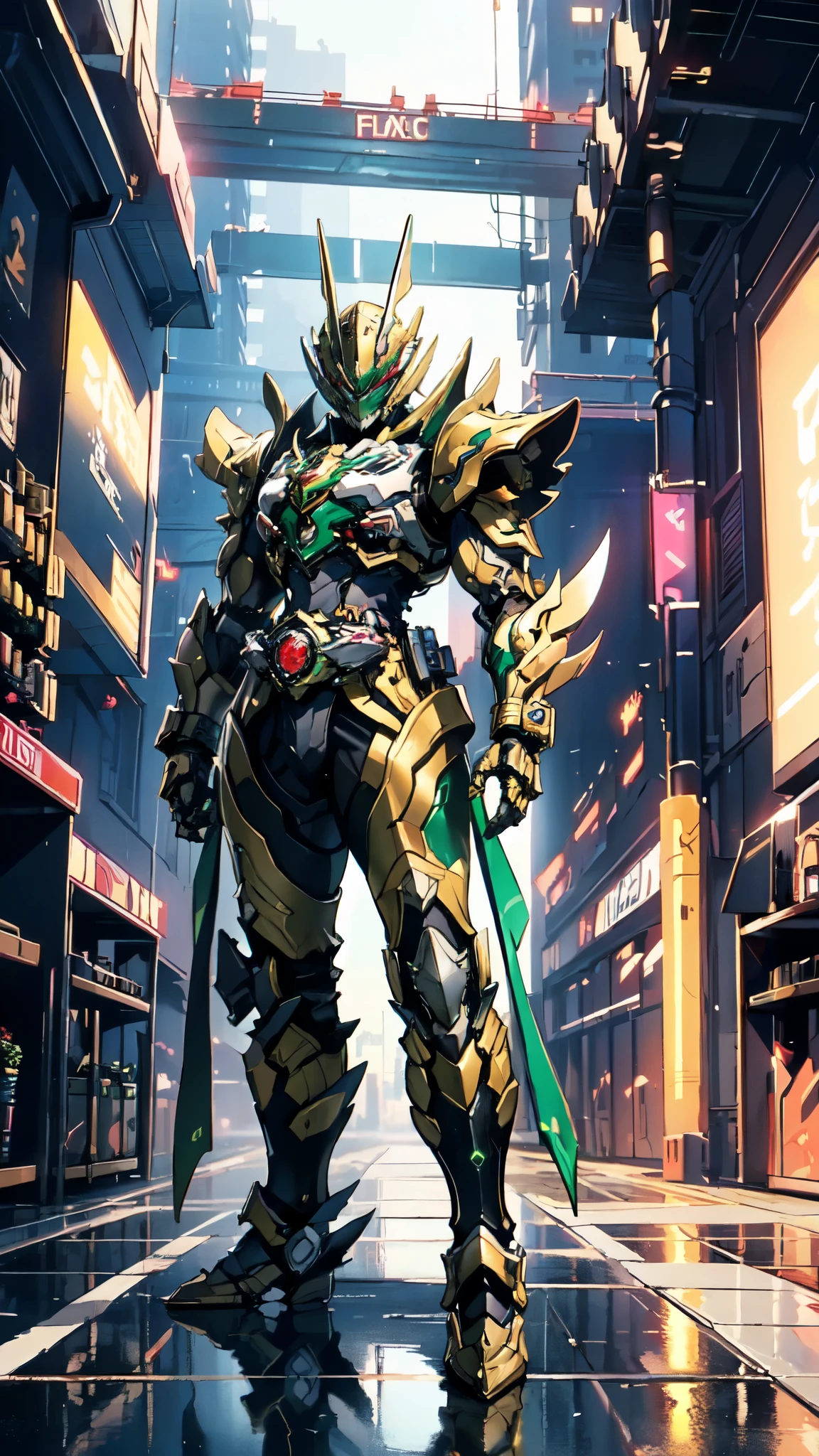 (masterpiece:1.5, best quality:1.5, extremely delicate:1.5), a man wearing a full-face helmet, a fantasy-style biotech armored combat suit, green eyes, (a composite layered chest armor), fully enclosed shoulder guards, matching arm and leg guards, belt of Neon circuit, (the color scheme is primarily black with green and red accents), the design balances heavy with agility, a high-tech bio-mecha armor, (Armor Concept Inspired by Kamen Rider, stand on the top of a skyscraper in a futuristic sci-fi city), this character embodies a finely crafted fantasy-surreal style armored hero in anime style, exquisite and mature manga art style, (element, plasma, energy, the armor glows), ((male:1.5)), metallic, high definition, highres, ultra-detailed, ultra-fine painting, professional, perfect body proportions, golden ratio, anatomically correct, symmetrical face, extremely detailed eyes and face, high quality eyes, creativity, RAW photo, UHD, 32k, Natural light, cinematic lighting, masterpiece-anatomy-perfect