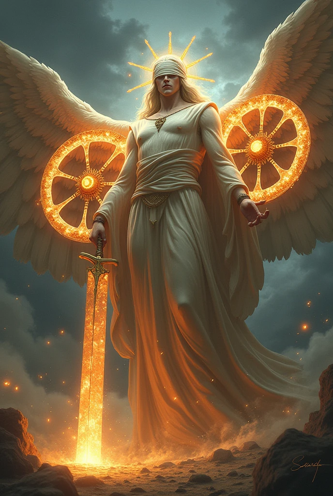 A huge angel has a blindfold over its eyes and around its head there are two intertwined wheels turning and around the wheels it has many eyes and it has hair made of light and a huge sword of fire in its hands