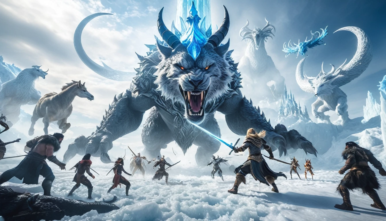 Prompt #2:
An epic battle scene in a different world, the hero at the center wielding a sword that glows with an ethereal light, surrounded by fantastical beasts and allies, mid-action, high tension, Canon EOS R8, wide angle lens, blizzard ice world