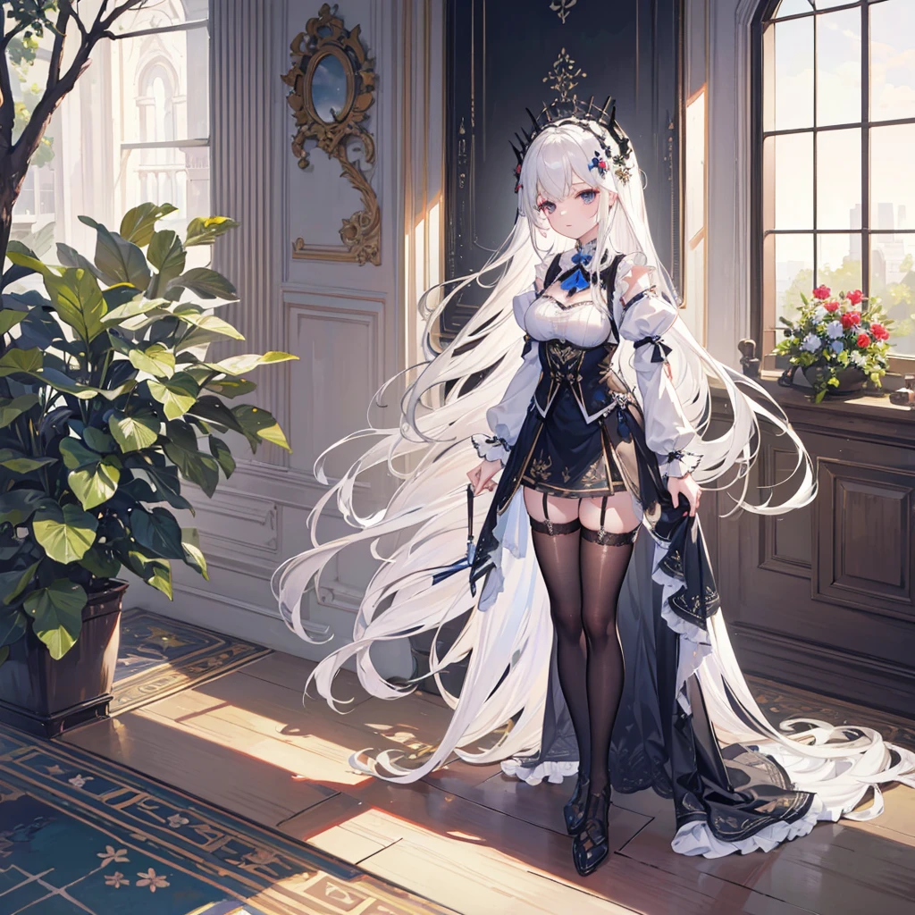 best quality,Very detailed,masterpiece,Extremely detailed,illustration,White hair ,Hair accessories,Standing,indoor,incredible_absurd,1 Girl,Medium breasts ,Long hair,summer_skirt,Garter,beautiful girl,waving sv98