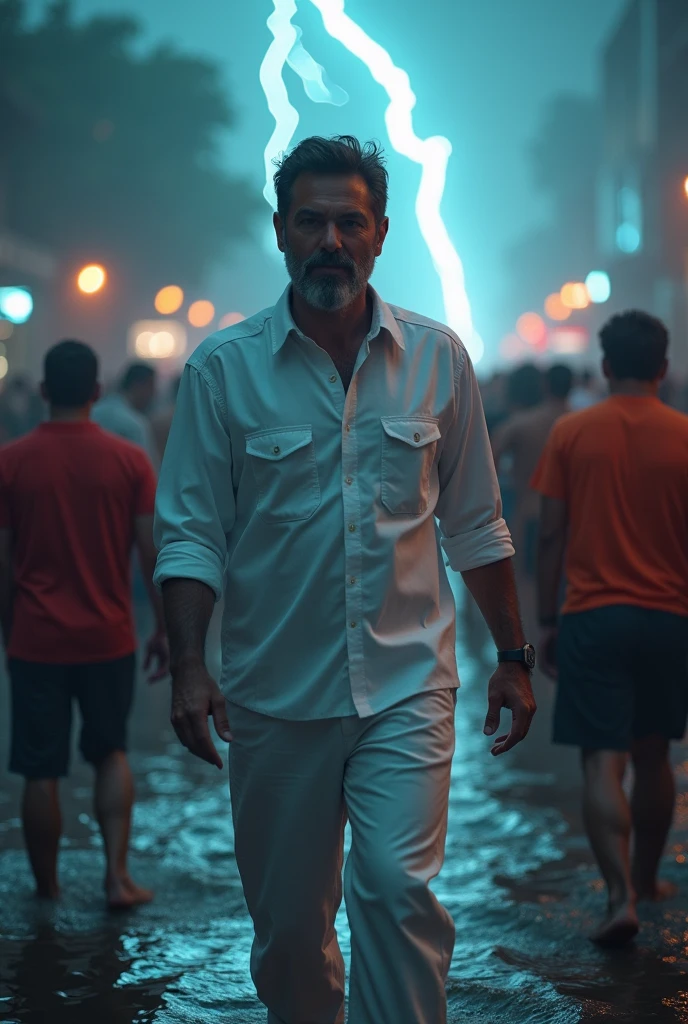 A man with dark hair and beard 30 year old politician wearing plain full handed white shirt and pant they helping people in flood background thunder neon effect 