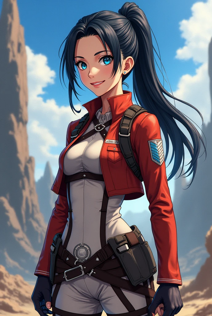 woman, full body, black long hair, pulled back into a ponytail, smiling, Blue eyes, reconnaissance corps, Attack on Titan in anime style