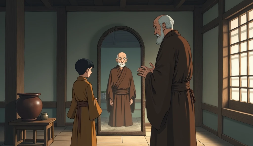 A large mirror hanging inside room, young monk student looking at mirror, his fat old monk master is standing with him beside a stand of wood and above the stand of wood a pot of mud is placed, old monk is putting his hand into pot of mud, in anime style,