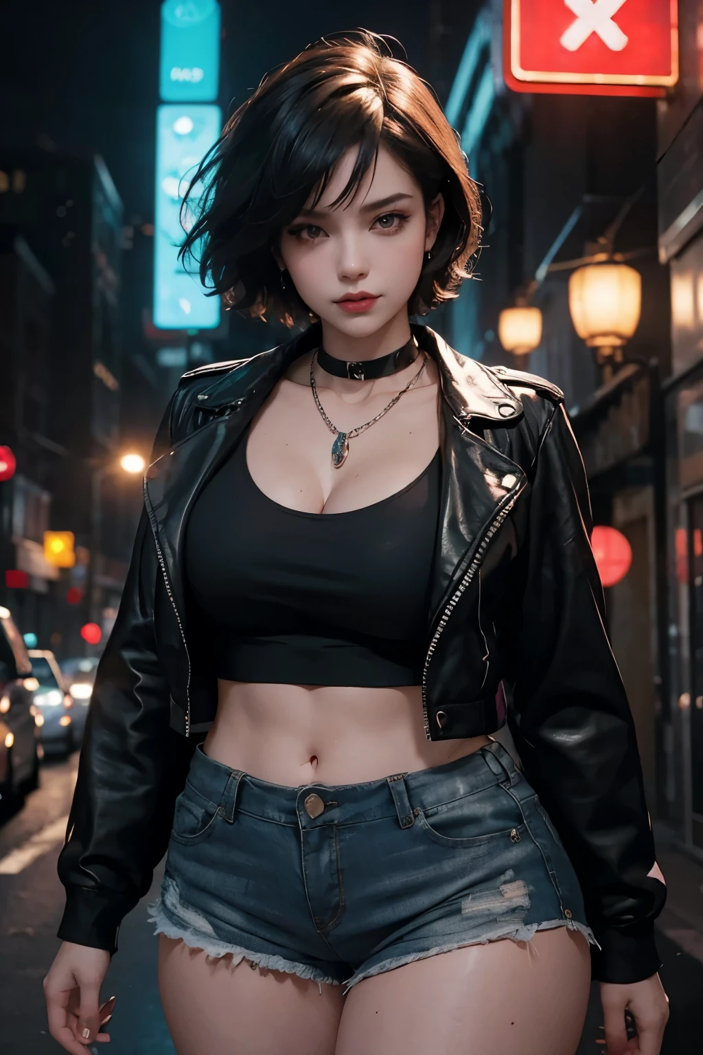 A beautiful woman with a plump curvy body, short hair, gothic style, bold tattoo crop top, abs, layered necklace, black choker, leather jacket, shorts, big thighs, city street at night, dramatic lighting, neon signs, moody atmosphere, cinematic composition, hyperrealistic, 8k, photorealistic, dramatic lighting, cinematic, dramatic shadows, vibrant colors, dramatic poses, fashion photography style