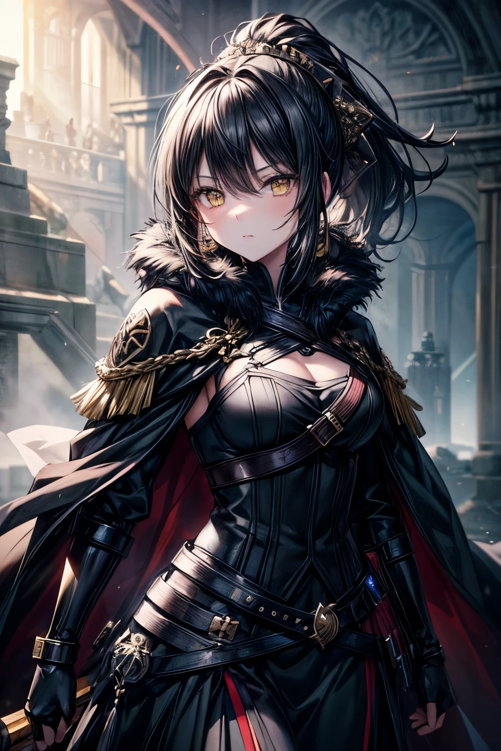 A dark-haired girl wields a heavy rapier with an underhand grip inside Elden Ring.