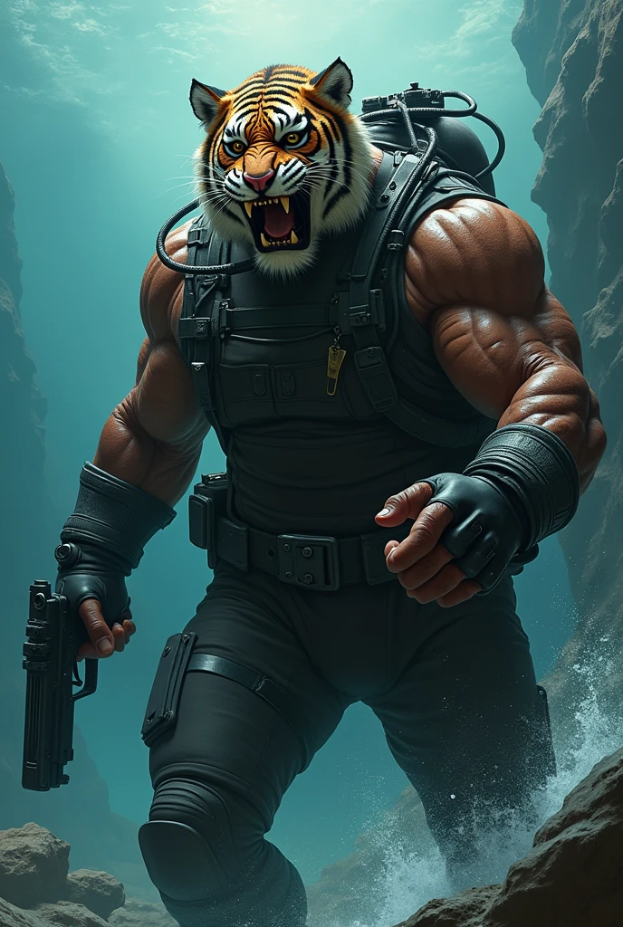 (a dark-skinned fat muscular old man in skintight scuba diver suit) carrying a gun in right hand, (wearing realistic roaring tiger mask), dynamic action pose, fierce expression, showcasing an imposing stature, surrounded by military elements, dramatic shadows and intense highlights, cinematic color tones, high detail, powerful, art influenced by Bruce Onobrakpeya and Stanley Artgerm, ultra-detailed, best quality image, action-packed atmosphere. fighting stance. surfacing from the sea