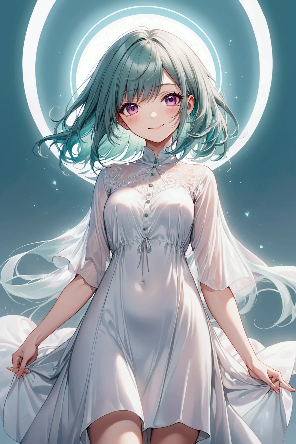 ((masterpiece)), ((best quality)), ((ethereal body)), (from front, facing front), 1girl, mature girl, solo, round pink eyes, straight teal hair, side bang, oversized white a-line dress, smirk, cute