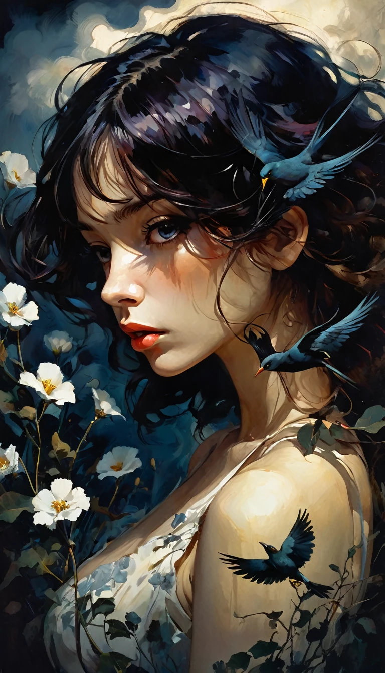1girl, y, floral, cloud, bird, flow, hair over eyes, hair over one eye, (((ultra detailed))), softcore, kawaii, ero sexy, betw shadows, oil painting, chiaroscuro, sensual, dramatic lighting, moody atmosphere, photorealistic, intricate details, masterpiece, ultra-detailed, high quality, 8k, best quality, realistic, cinematic, dark and brooding, expressionistic, powerful composition, emotional impact, art inspired by Bill Sienkiewicz and Dave Mckean