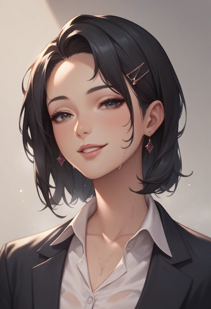 ((masterpiece,highest quality,Perfect Anatomy,Exquisite detailed))1girl,glamorous,solo(large breasts:0.6)black hair,medium hair,straight hair,center part,barrette,suit,shirt,sweaty,seductive smile,(living:1.1)