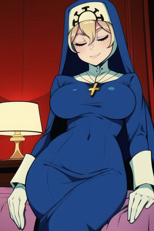 Double, short blonde hair, medium breasts, solo, 1girl, smiling, cowboy shot, closed eyes, 
 blue habit, cross necklace ,white gloves, long sleeves, nun, long skirt
(insanely detailed, beautiful detailed face,beautiful detailed eyes, masterpiece, best quality) room, bedroom, sitting, sexy pose, leaning back, posing, from below, groin, grabbing groin 