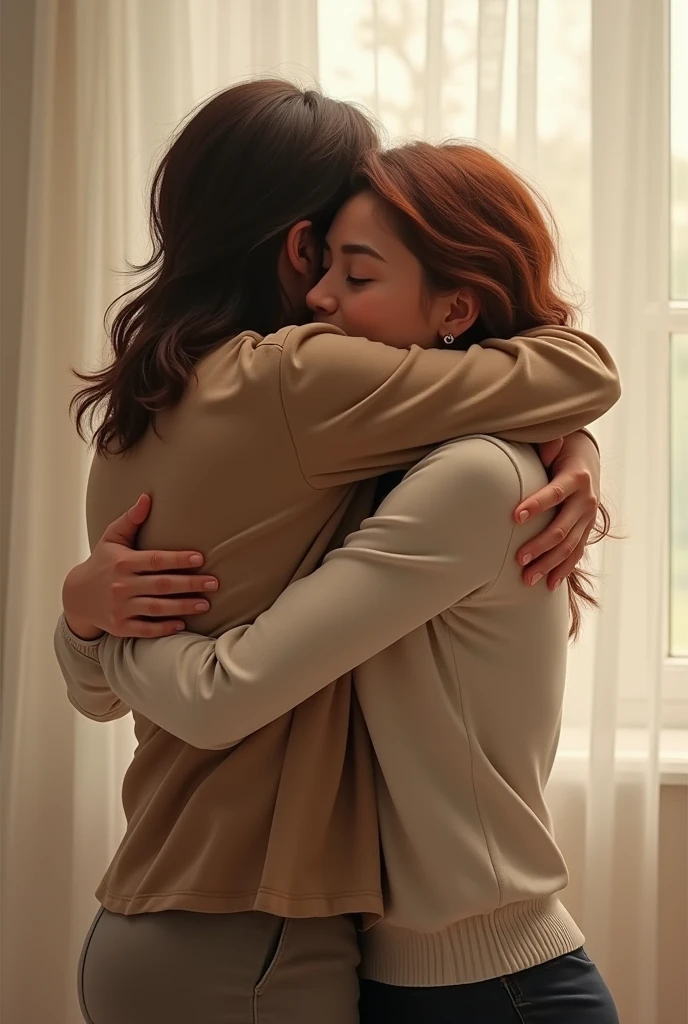 @Saraí Llontop Puicón:Person in the right hugs the left person and the left person the right person