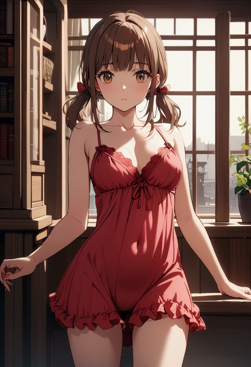 brunette girl, bangs, short pigtails, brown eyes, sexy red Nightgown
