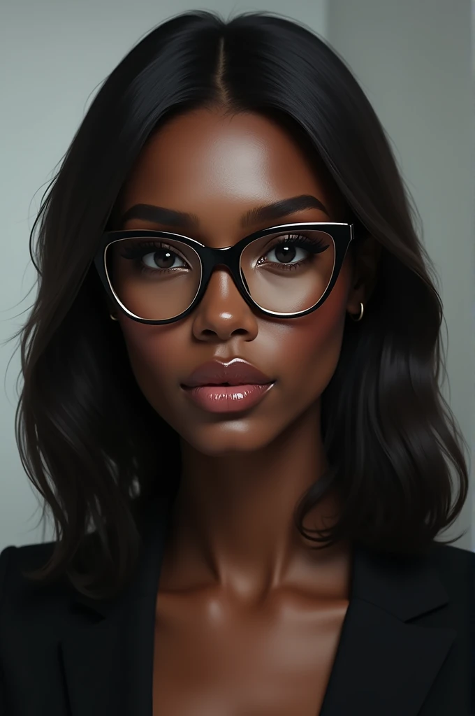 Dark-skinned woman with glasses and straight hair, very beautiful, named Elizabeth