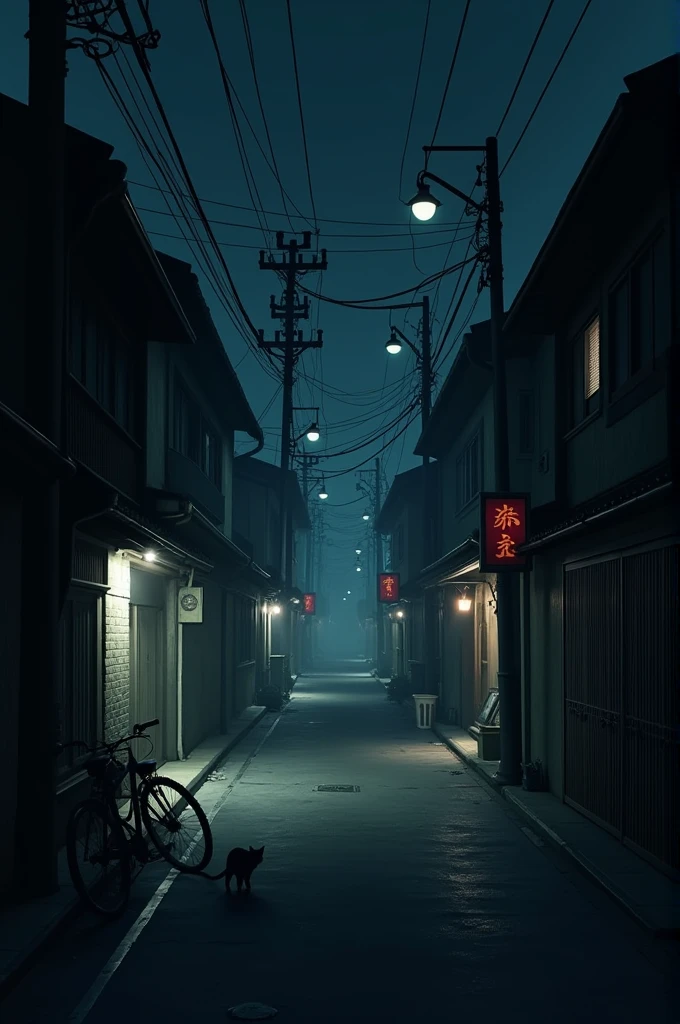 The Japanese street feels dark, eerie, and deserted..