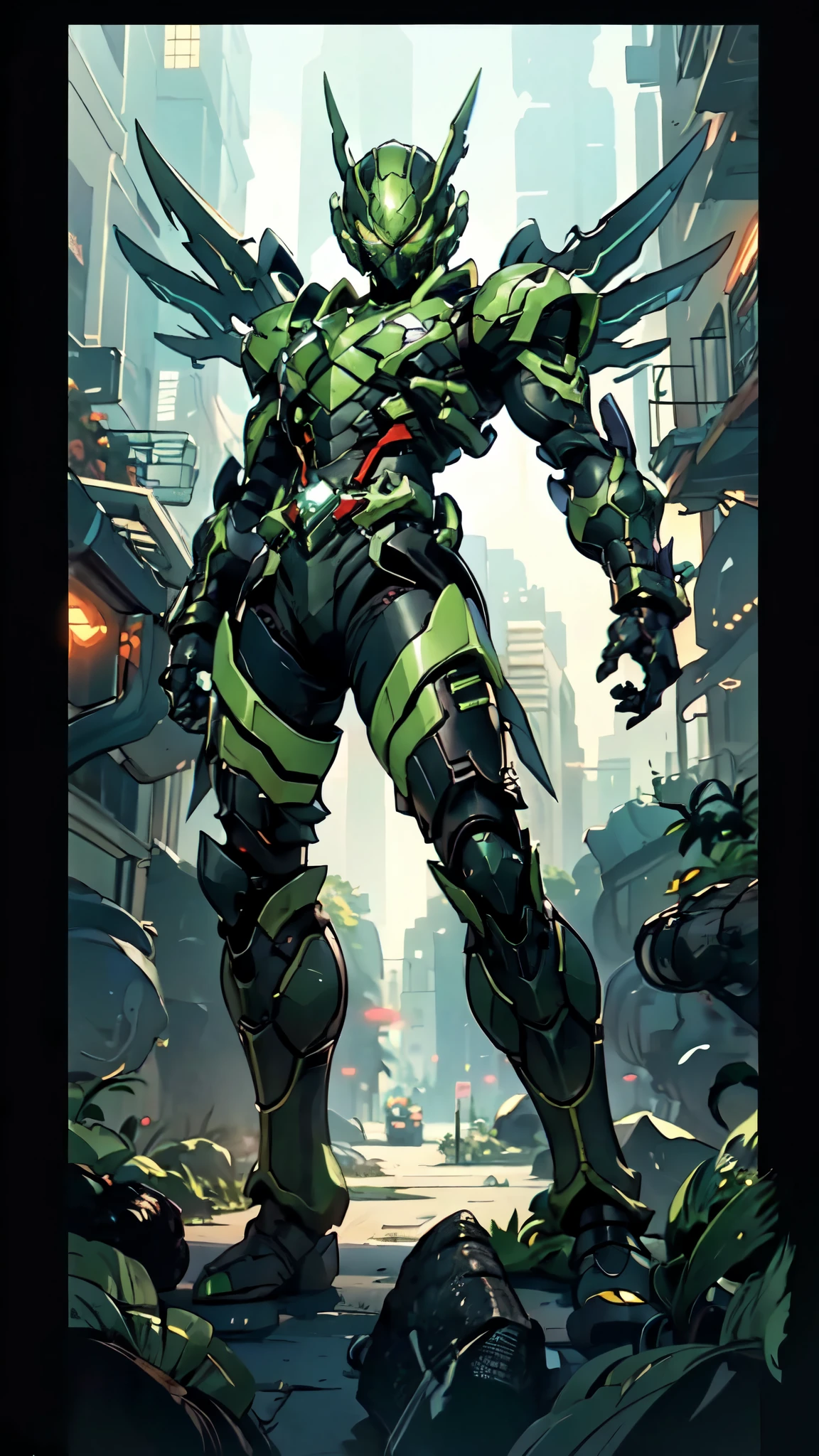 (masterpiece:1.5, best quality:1.5, extremely delicate:1.5), a man wearing a full-face helmet, a fantasy-style biotech armored combat suit, green eyes, (a composite layered chest armor), fully enclosed shoulder guards, matching arm and leg guards, belt of Neon circuit, (the color scheme is primarily black with green and red accents), the design balances heavy with agility, a high-tech bio-mecha armor, (Armor Concept Inspired by Kamen Rider, stand on the top of a skyscraper in a futuristic sci-fi city), this character embodies a finely crafted fantasy-surreal style armored hero in anime style, exquisite and mature manga art style, (element, plasma, energy, the armor glows), ((male:1.5)), metallic, high definition, highres, ultra-detailed, ultra-fine painting, professional, perfect body proportions, golden ratio, anatomically correct, symmetrical face, extremely detailed eyes and face, high quality eyes, creativity, RAW photo, UHD, 32k, Natural light, cinematic lighting, masterpiece-anatomy-perfect