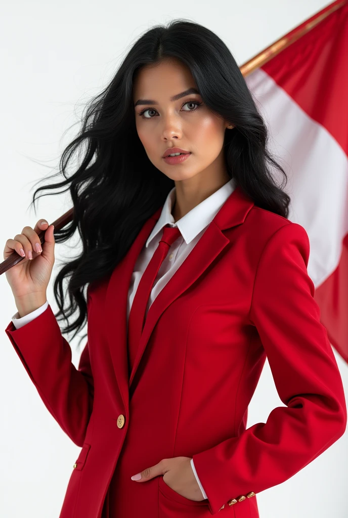 Portrait, beautiful woman, holding Indonesian flag, alpha female, shirt, blazer red, tie, elegant, black hair, white background