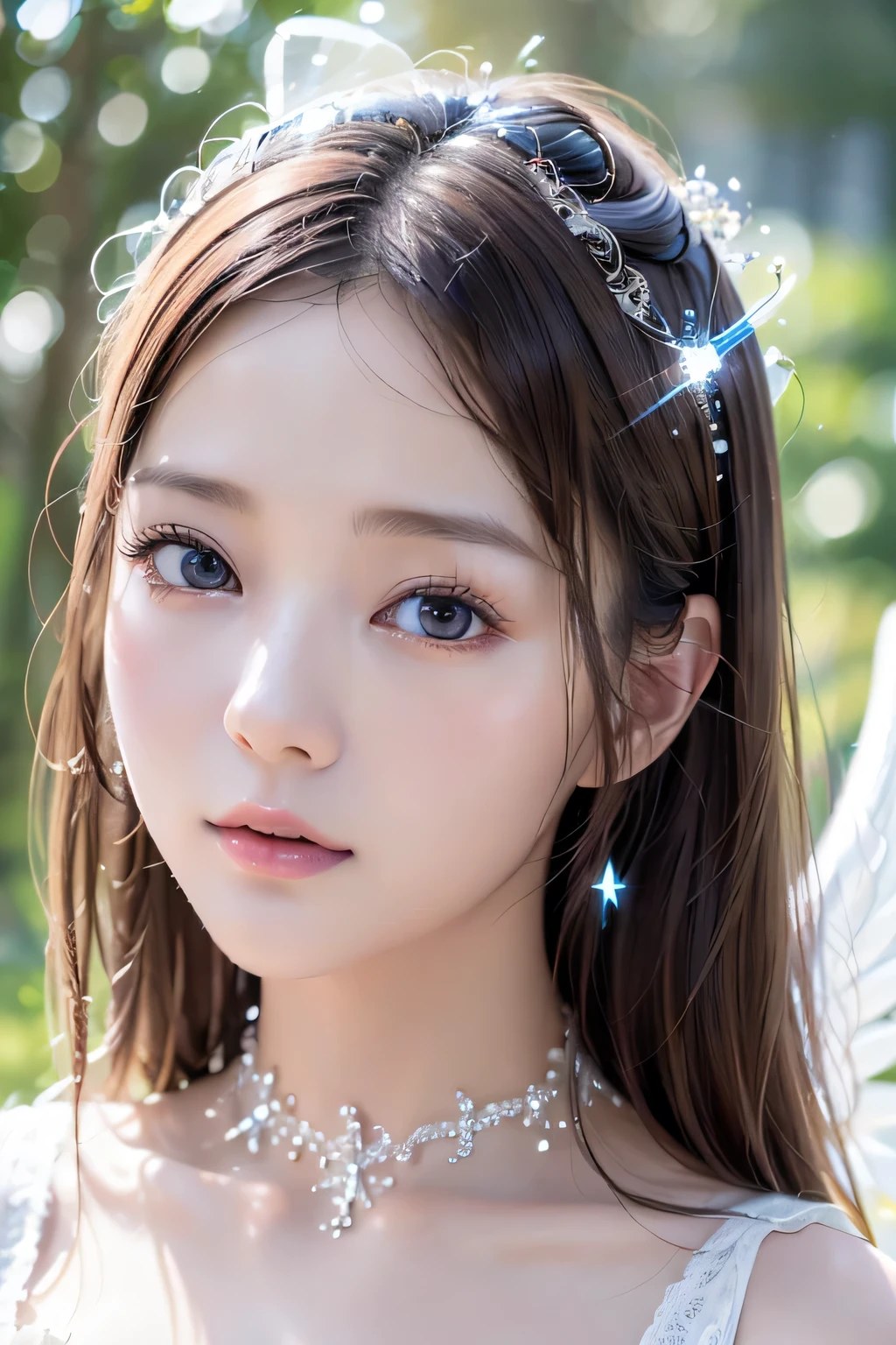 ８K, Portraiture, Portraiture, (alone), masterpiece, Highest quality, Slender、Baby Face、Round face、((Upper shot close-up))、masterpiece, (Highest quality:1.2), [:Intricate details:0.2], One person, Large Breasts, Angel, Angel wings, White frills, (Daytime sky), Sparkling Aura, Concentration, Crackling Energy, Mystical symbols, Glowing particles,