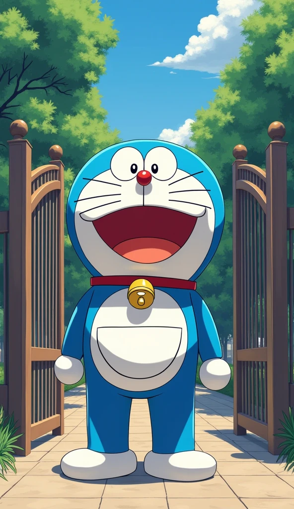 Doraemon wearing school uniform standing in front of the school gate