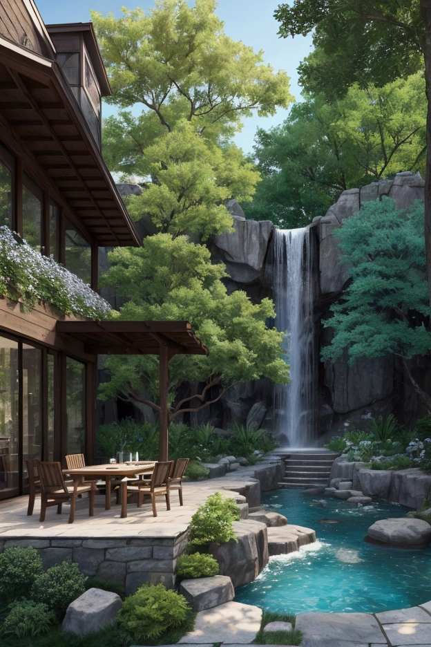 The image shows a beautiful outdoor patio area with a stone building on the left side. The patio is surrounded by trees and greenery, and there is a small waterfall cascading down the right side of the image. The water is crystal clear and there are rocks and boulders scattered around the patio. There are several wooden chairs and tables on the patio, providing a comfortable seating area for outdoor dining. The sky is blue and the overall atmosphere is peaceful and serene.4k realistic 
