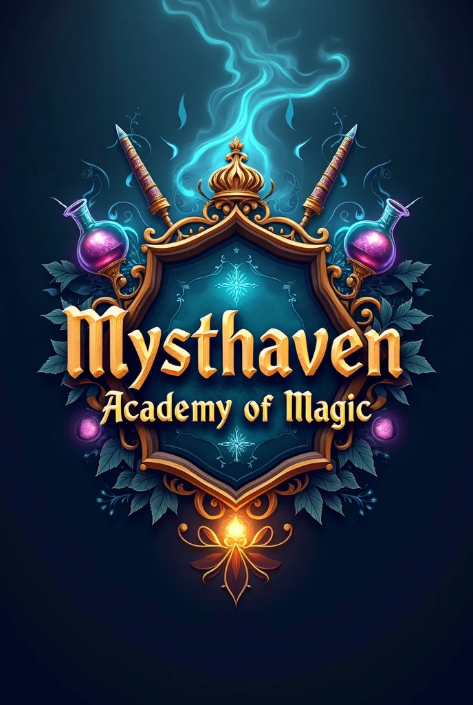 Create Mysthaven Academy of Magic text with an interesting magic concept and a background with a magic background decorated with elements of magic elements such as magic wands, potion and magic hat and the logo in the middle looks luxurious with a size of 1:1