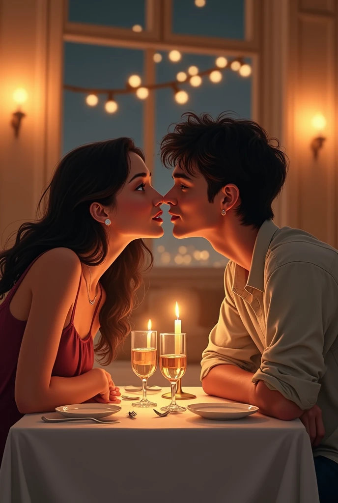 First time girl kiss a boy in restaurant without telling him on his lips secretly