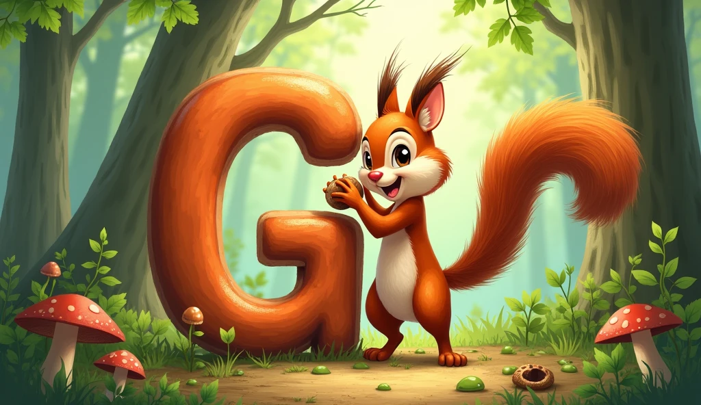 G**: "Illustrate the letter 'G' next to a playful squirrel. The squirrel should be holding a nut or climbing on the letter, with a background that includes trees or a forest scene."