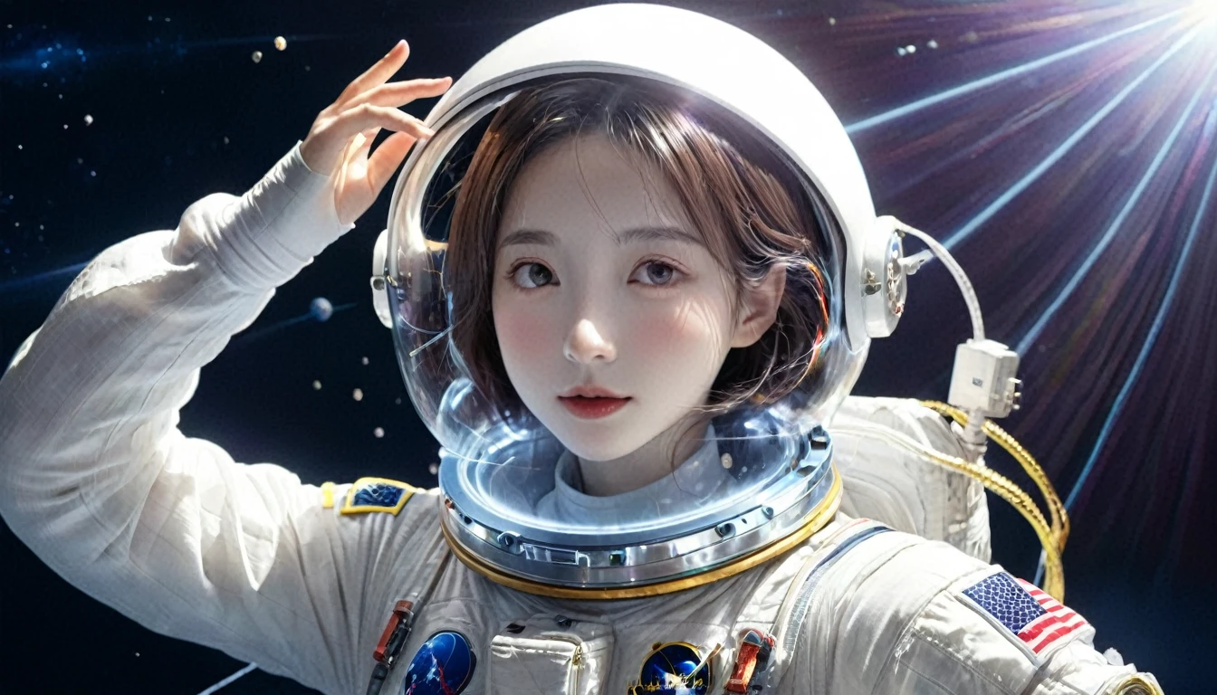 Spacewalk、The subject is small、bail_particle,bail_OK,Lines of Light,光のparticle,A girl made of particle,The density of OK at the finger part is high,(Gray Hair:0.3),