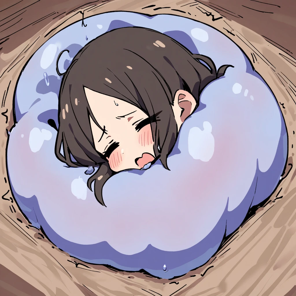 One giant blob of gelatinous slime making a girl's whole body stuck inside of it, squeezing and kneading her whole body, the girl feels exhausted by it
