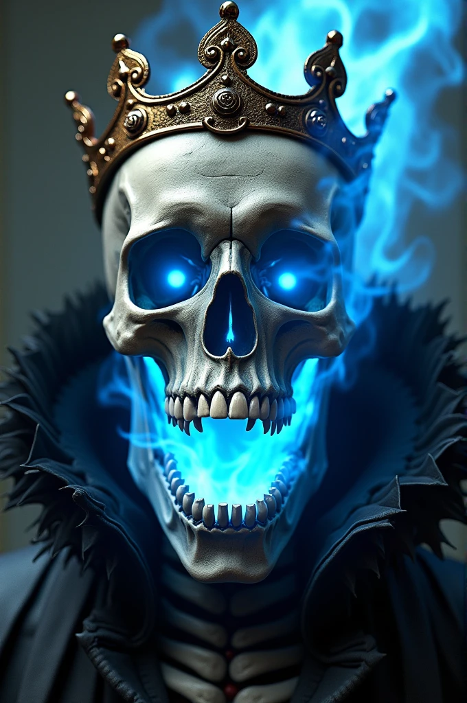 Hyper detailed, Hyper realistic detail, Beautifully lit, Sharp focus, Photorealistic, Modern, 2020s, detailed cinematic shot from, realistic cinematic scene, colorful skull with a crown on top of its head and blue flames coming out of its mouth, skull, computer graphics, gothic art, full length shot, showing detailed intricate work, oscar winning photography, striking image captures, meticulous attention, stunning costume design
