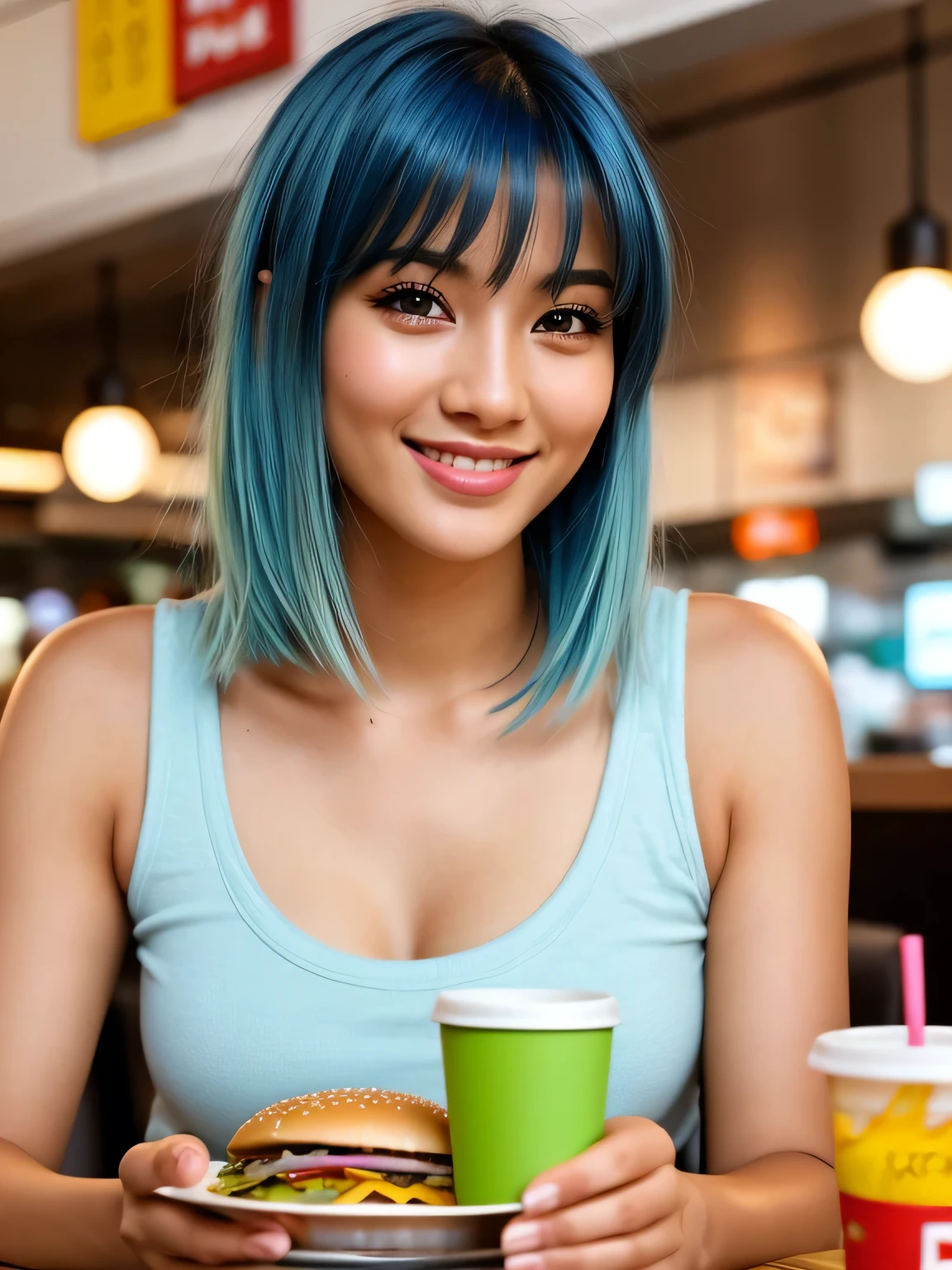 (blue hair:1.4), short hair, realistic green eyes, cobalt hair,  long bob hair, tousled hair, shoulder length hair, Full body, woman with white skin and Asian features, 24 year old, big breast. She has a small, elegant nose with a slight upward curve at the tip. Her lips are full and naturally pink, with a well-defined Cupid's bow. Her teeth are straight and white, enhancing her captivating smile. Her face has an oval shape with high cheekbones that add to her model-like appearance. (crack), detailed (texture!, shine, color!!, flaws: 1.1), highly detailed glowing eyes, (looking at camera), specular light, dslr, extreme quality, crystal clear, cute face, detailed skin pores, oil Dark skin, brown, complex eye details, she is far from the camera, A full-body portrait, captured from a distance. Dynamic Frame, 8K, Best Quality, In this lively scene, two friends are captured in a candid moment at a fast-food restaurant, surrounded by an array of meal remnants that suggest a hearty feast. The table is cluttered with iconic fast-food packaging, including drink cups, burger boxes, and a fries carton, indicating they've enjoyed a variety of menu items. One individual is resting her head on her arm, perhaps in a moment of contentment or playful exhaustion from the meal. The other, with a look of satisfaction and a playful finger pressed to her lips, seems to be savoring the last bites of her food. There's an air of casualness and spontaneity to the image, with the friends immersed in the joy of sharing a meal together. The ambiance is informal and carefree, reflective of the fast-food dining experience detailed face, (short hair:1.3),