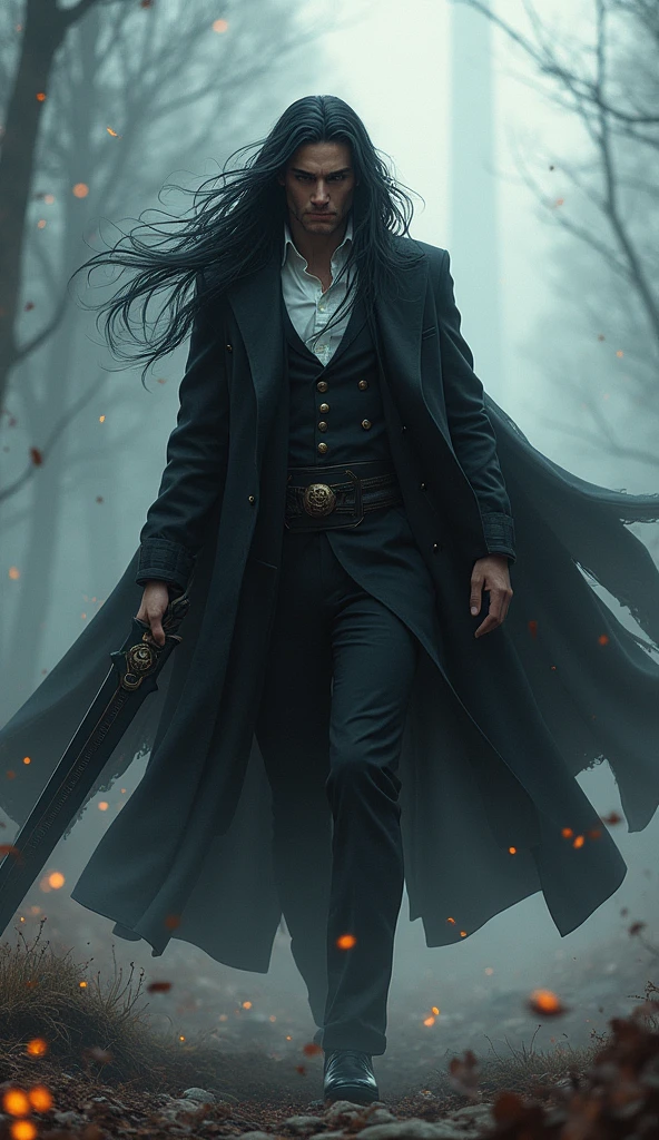 "Vortex stands resolute, his long black hair flowing dramatically in the wind. He is clad in a sleek, dark coat that accentuates his commanding presence. Underneath, a noble white shirt adds a touch of aristocracy to his look. In his right hand, he wields a long, dark sword that pulses with subtle, ominous energy. The scene captures him in a moment of intense focus, with a realistic yet stylized aura of power and precision around him. The atmosphere is charged with an almost palpable tension, blending real-world intensity with a touch of fantastical energy."